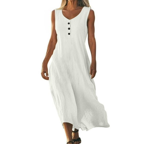 UoCefik Womens Spring Dresses 2025 Sleeveless Casual Button Cotton Linen Dresses Summer Flowy Plus Size Beach Vacation Maxi Sundress White L
