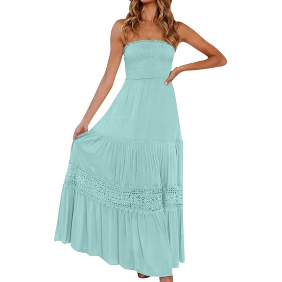 UoCefik Womens Summer Cotton Floral Print Strapless Boho Beach Casual Midi Tube Dresses Blue XL