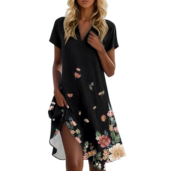 UoCefik Womens Summer Dresses 2025 Casual V Neck Short Sleeve Polo Shirts Dresses Elegant Floral Beach Sundress Petite Holiday Flowy Dress Black XXL