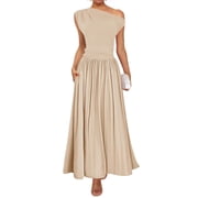 UoCefik Womens Summer Off Shoulder Sleeveless Midi Dress Cocktail A Line Flowy Wedding Guest Dresses with Pockets Khaki M