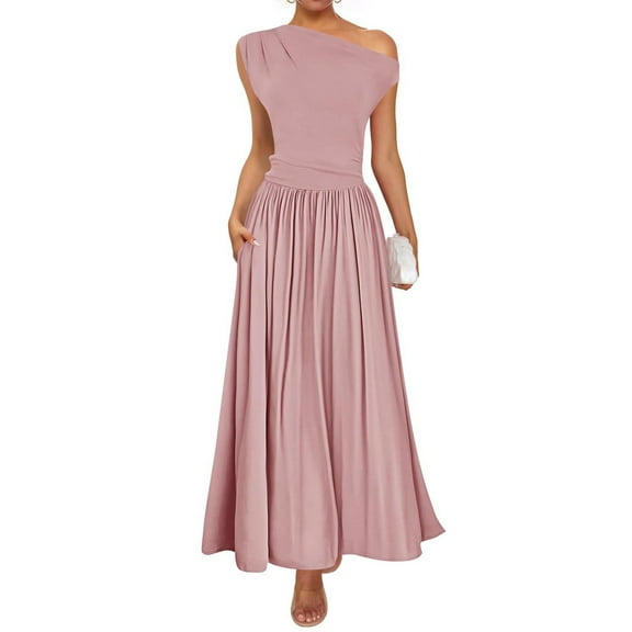 UoCefik Womens Summer Off Shoulder Sleeveless Midi Dress Cocktail A Line Flowy Wedding Guest Dresses with Pockets Pink S