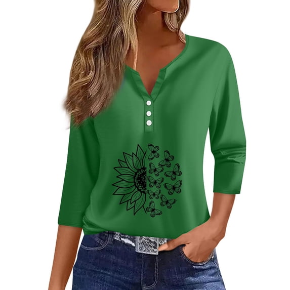 UoCefik Womens Summer Tops 3/4 Sleeve Casual Henley Button Down Shirts Loose Fit V Neck Tunic Summer Tees Fashion Beach Sunflower Print Blouse Green XL