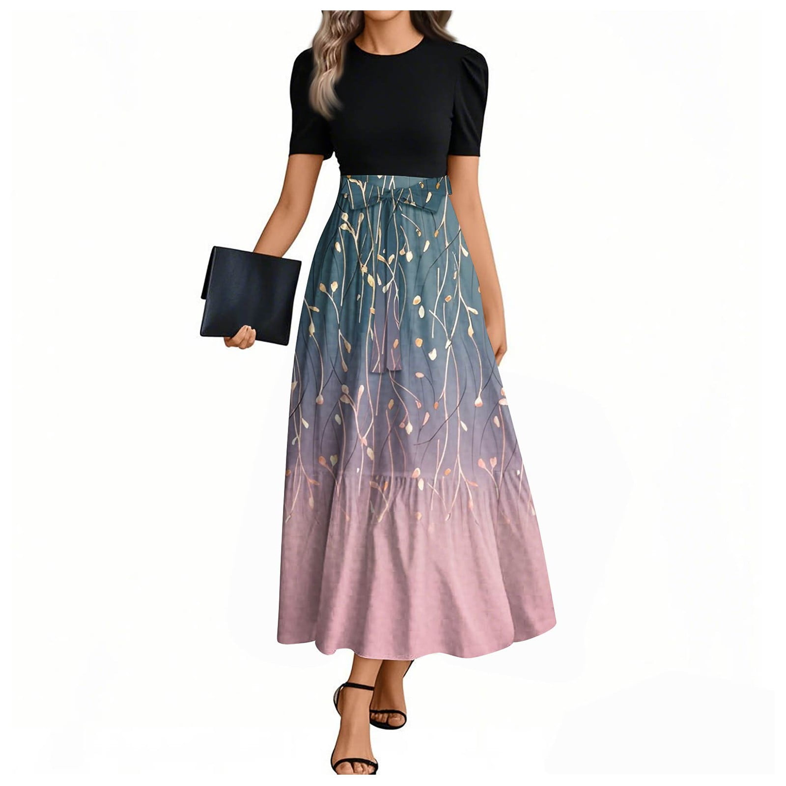 Boho Floral Wrap Maxi Dress For Women - Summer 2025 Empire Waist, Ruffle Hem, Short Sleeve