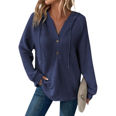UoCefik Womens Sweatshirts Trendy Fashion Waffle Knit V-Neck Long Sleeve Hoodie Fall Casual Drawstring Buttons Pullover Lightweight Hooded Western Shirts Navy XXL