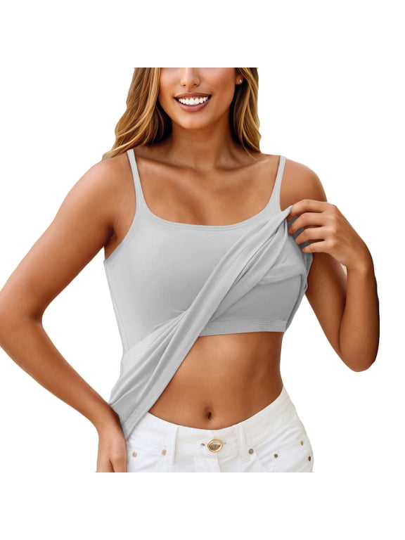 Tank Top for Women Built In Bra Plus Size Adjustable Spaghetti Strap Camisole Tops Trendy Padded Workout Undershirts Basic Yoga Tops Light Gray S