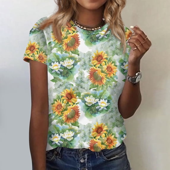 UoCefik Womens Tops Dressy Casual Short Sleeve Summer Tops Vintage Sunflower Print Tshirts Trendy Round Neck Tshirts Tunic Tops Dark Green 5XL