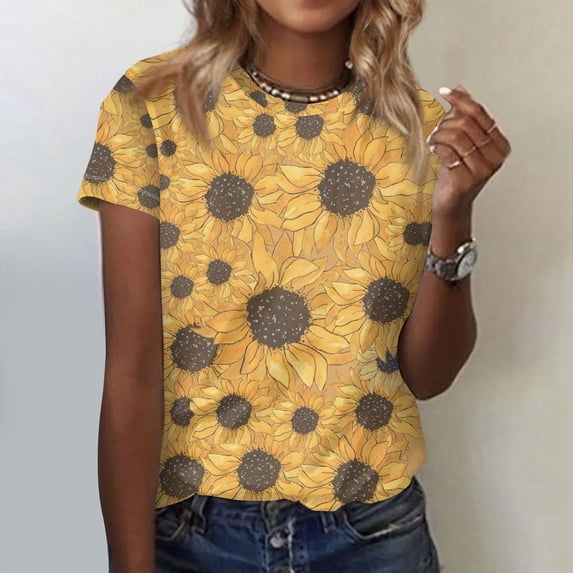 UoCefik Womens Tops Dressy Casual Short Sleeve Summer Tops Vintage Sunflower Print Tshirts Trendy Round Neck Tshirts Tunic Tops Ginger M