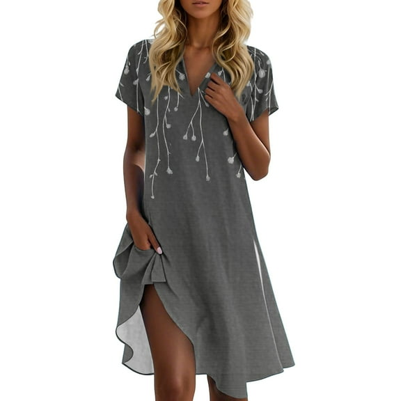 UoCefik Womens Vacation Dresses Loose Fit Short Sleeve Sunflower Print Flowy Dresses Party V Neck Casual Beach Sundress Boho Summer Mid Length Dress Khaki XXL