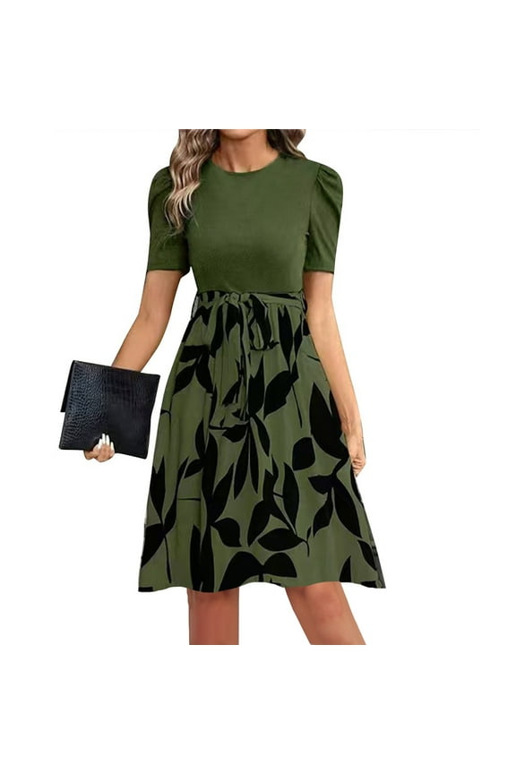 Womens Vacation Dresses Summer Floral Short Sleeve Keen Length Dress Wrap Elegant Ruffle Hem Plus Size Party Flowy Shorts Dresses Army Green XXL