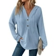 thumbnail image 1 of UoCefik Womens Waffle Knit Sweatshirts Trendy V Neck Button Up Hoodie Hooded Fall Drawstring Long Sleeve Pullover Western Oversized Casual Shirts Sky Blue XXL, 1 of 6