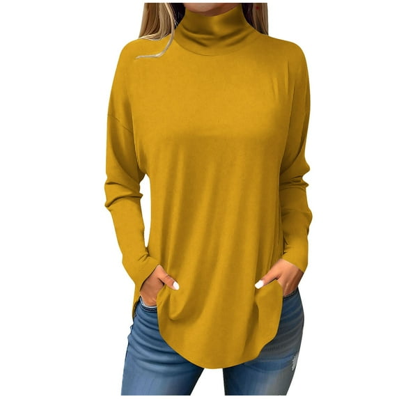 UoCefik Womens Winter Tops Long Sleeve Turtleneck Shirts Solid Color Tunic Tops To Wear with Leggings Mock Neck Plus Size Blouses Fall Clothes Loose Fit Sweatshirts Yellow XXL