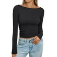 thumbnail image 1 of UoCefik Womens Yellow Long Sleeve Shirt Fall Scoop Neck Crop Top Trendy Fitted Solid Color Basic Tees Cute Loose Clothes Black XS, 1 of 5