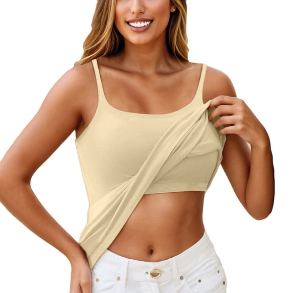 UoCefik Cami With Built In Bra for Women Padded Basic Adjustable Spaghetti Strap Tank Top Casual 2025 Padded Bra Undershirts Khaki XL