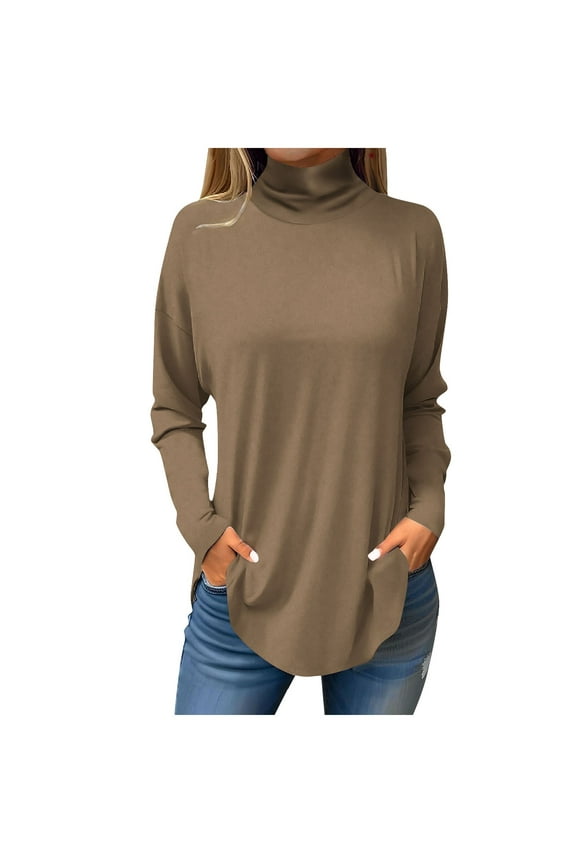 Workout Tops for Women Long Sleeve Petitie Turtleneck Shirts Loose Fit Mock Neck Tunic Tops Solid Color Plus Size Blouses Winter Sweatshirts Fall Clothes Camel L