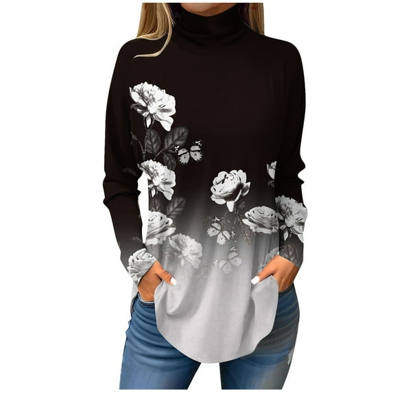 UoCefik Yoga Tops for Women Long Sleeve Turtleneck Blouses Fall Floral Print Tunic Tops To Wear with Leggings Turtle Neck Plus Size Shirts Loose Fit Clothes Work Winter Sweatshirts Dark Gray XL