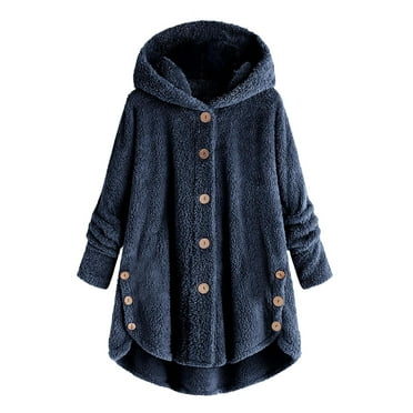UoCefik Yoga Women Fleece Jacket Warm Fuzzy Coat Plus Size Winter Button Down Cardigan Hooded Soft Outwear with Pockets Dark Blue S