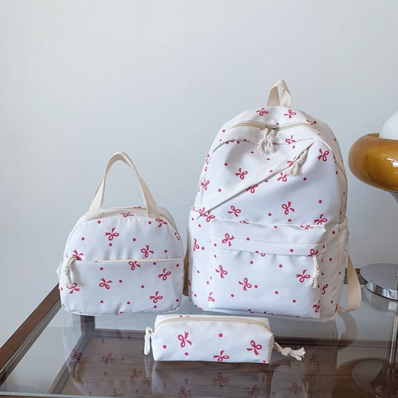 Uobin Bow Print 3 Pieces Backpack Set Lightweight Nylon Student Daypack with Handbag & Pencil Case Multi Pocket Water Resistant Casual Bag for Travel Commute Outdoor