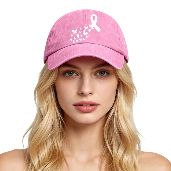 Uobin Cancer Pink Ribbon Caps for Women Cancer Awareness Baseball Caps Washed Adjustable Vintage Hats