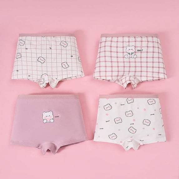 Uobin Girls Boyshort Underwear 4âPack Cute Bear & Plaid Print Pure, Soft Breathable Boxer Briefs for Kids 2â10 Years