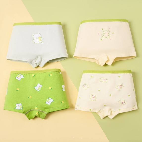 Uobin Girls Boyshort Underwear 4‑Pack Cute Bear & Plaid Print Pure, Soft Breathable Boxer Briefs for Kids 2‑10 Years Old