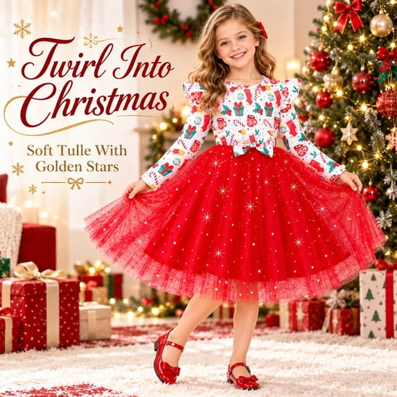 Uobin Girls Christmas Gift Box Candy Cane Print Tulle Dress Long Sleeve ...