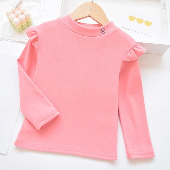Uobin Girls Crew Neck Long Sleeve Base Layer T‑Shirt, Ruffle Fly‑Sleeve Solid Casual Pullover Undershirt for Little Big Girls Fall Winter 2‑10 Years