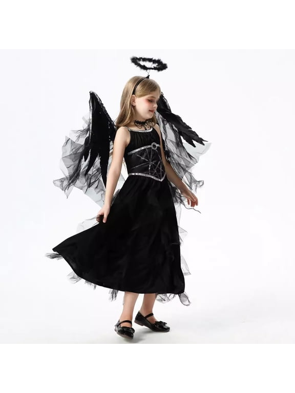 Girls Dark Angel Halloween Dress, Sleeveless Silver Sequin Black Mesh Gown with Feather Wings, Kids Dark Elf Cosplay Outfit for Stage Performance Holiday Party
