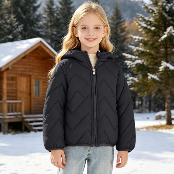 Uobin Girls -Lined Hooded Parka Jacket, Mid-Length Winter Coat with Zip Pockets for Kids Outdoor