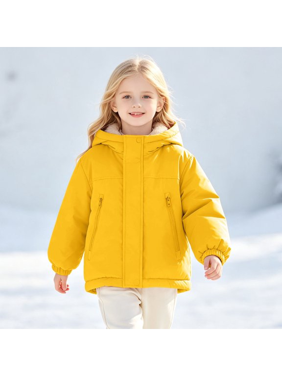 Girls Fleece-Lined Hooded Parka Jacket, Mid-Length Winter Coat with Zip Pockets for Kids Outdoor