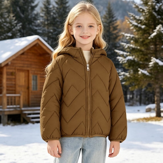 Uobin Girls -Lined Hooded Parka Jacket, Mid-Length Winter Coat with Zip Pockets for Kids Outdoor
