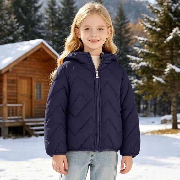 Uobin Girls -Lined Hooded Parka Jacket, Mid-Length Winter Coat with Zip Pockets for Kids Outdoor