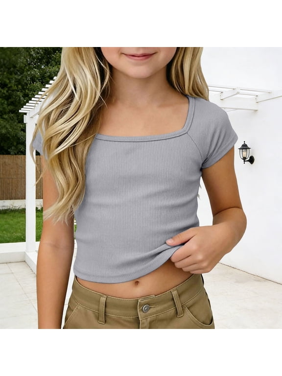 Girls Ribbed Crop Tops Summer Short Sleeve Casual Cute Square Neck T-Shirts Soft Comfortable Solid Color Stretchy Tees for 4-14 Years