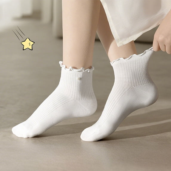 Uobin Girls Ruffle Socks Cotton Pearl Deco Thin Frilly Socks Lettuce Edge Comfort Breathable for Play And Everyday Comfort 4-12Y