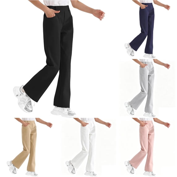 Uobin Girls School Uniform Flare Pants, Kids Solid Color Bootcut Casual Trousers Half Elastic Waist band, Mock Fly, Belt Loops and Side Pocket for School Uniforms and Everyday Wear