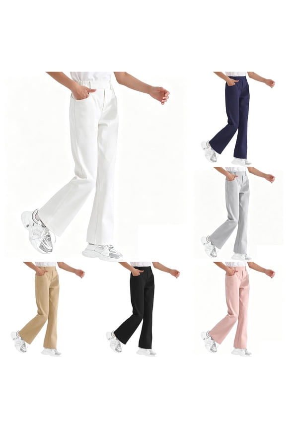 Girls School Uniform Flare Pants, Kids Solid Color Bootcut Casual Trousers Half Elastic Waist band, Mock Fly, Belt Loops and Side Pocket for School Uniforms and Everyday Wear