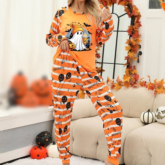 Uobin Halloween Pajamas Women 2 Piece Set Holiday Pjs Long Sleeve Shirts and Pants Ghosts Graphic Spooky Season Sleepwear