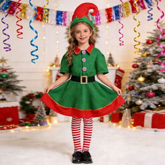 Uobin Kids Christmas Elf-Style 4-Piece Outfit Set, Dress with Hat, Socks and Belt for Girls Holiday Themed Party Dress-Up