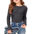 thumbnail image 1 of Uobin Kids Girls Long Sleeve Shirts Casual Crewneck Ribbed Knit Tops | Ruched Side Slim Fit Tee Shirt 5-14 Years,Soft Breathable Tee, 1 of 3