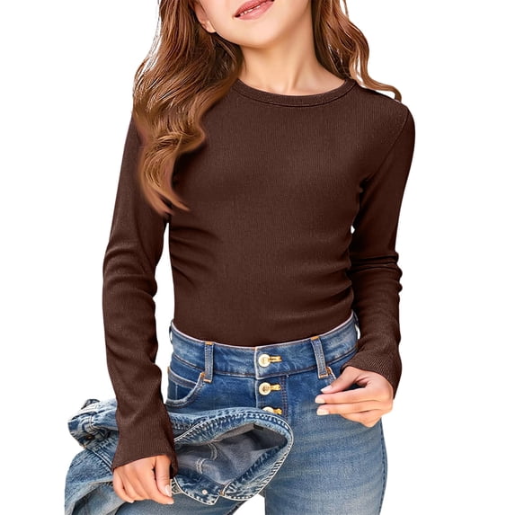 Uobin Kids Girls Long Sleeve Shirts Casual Crewneck Ribbed Knit Tops | Ruched Side Slim Fit Tee Shirt 5-14 Years,Soft Breathable Tee
