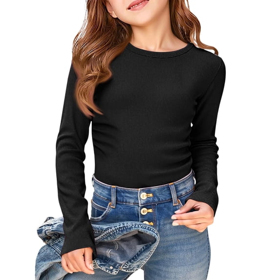 Uobin Kids Girls Long Sleeve Shirts Casual Crewneck Ribbed Knit Tops | Ruched Side Slim Fit Tee Shirt 5-14 Years,Soft Breathable Tee