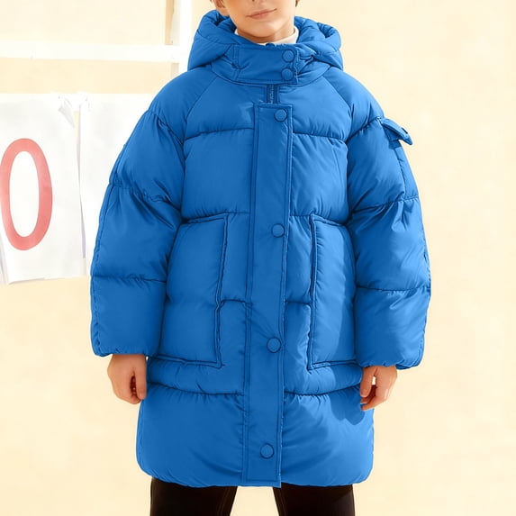 Uobin Kids Hooded Puffer Jacket with Multi Pockets, Mid-Length Snap-Button Winter Coat for Boys Girls