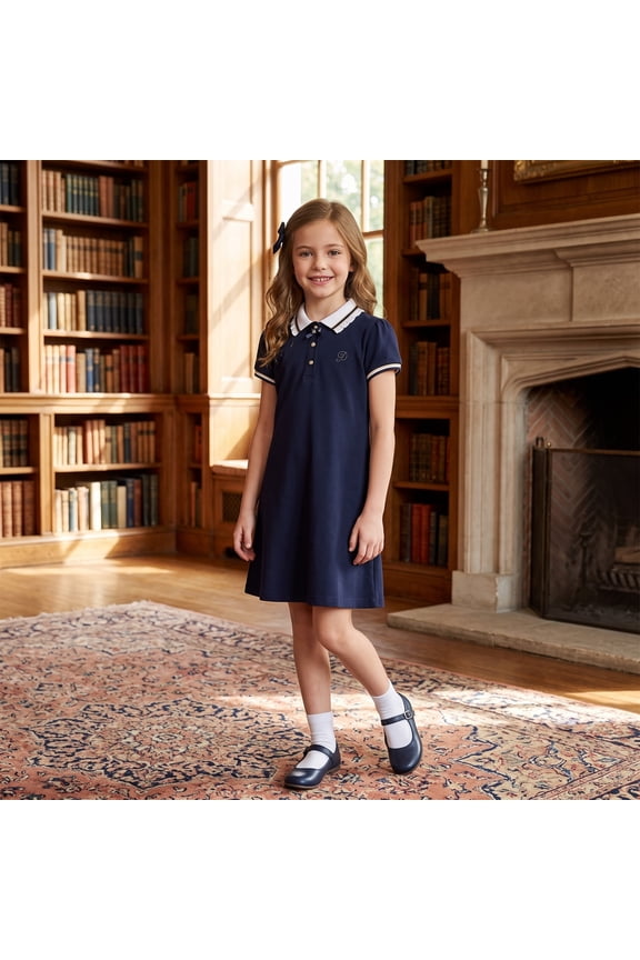 Kids Preppy Polo School Dress, Ruffled Lapel Short Sleeve Uniform Midi Dress, Summer All-Match Student Princess Dress 7-16Y