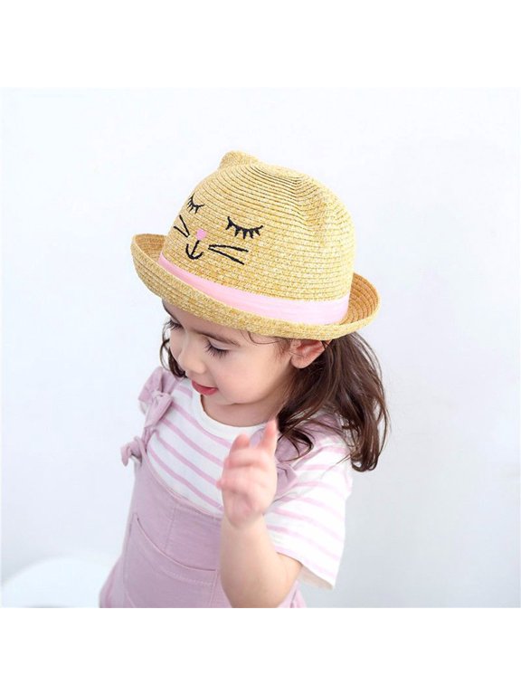 Kids Straw Hat with Cat Face Embroidery and Satin Ribbon Summer for Boys Girls Toddler Youth Beach Party Fun Outdoor