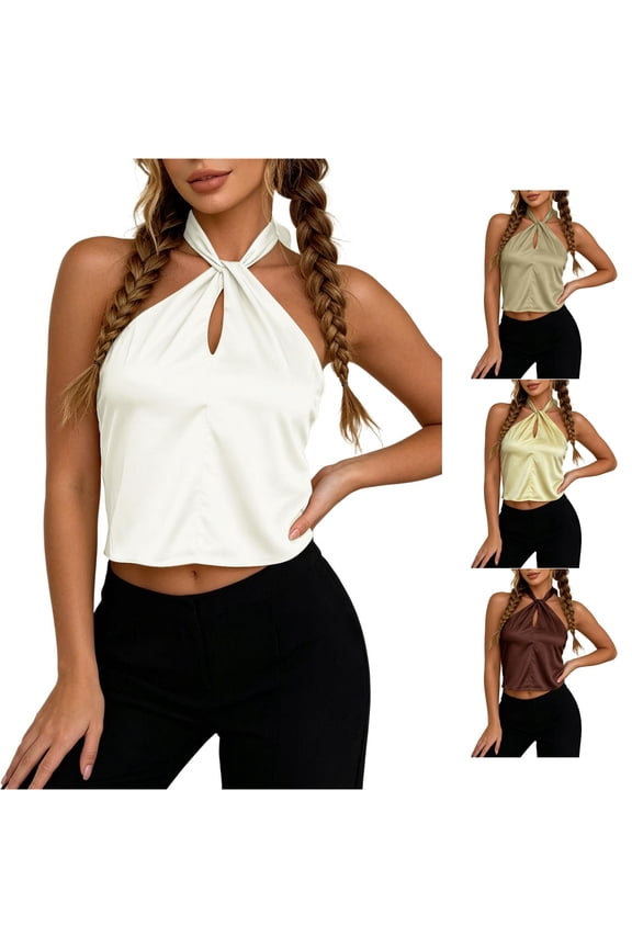 Open Back High Neck Tank Tops for Women Satin Silk Halter Mockneck Sleeveless Backless Crop Top Y2k Going Out Tops