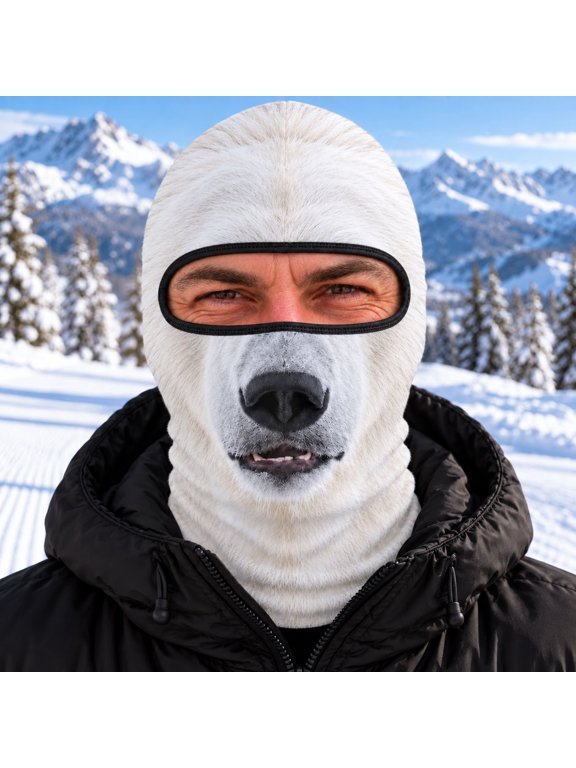 Polar Bear Print Plush Balaclava White Winter Warm Full Face Mask Ski Snow Riding Cycling Hood