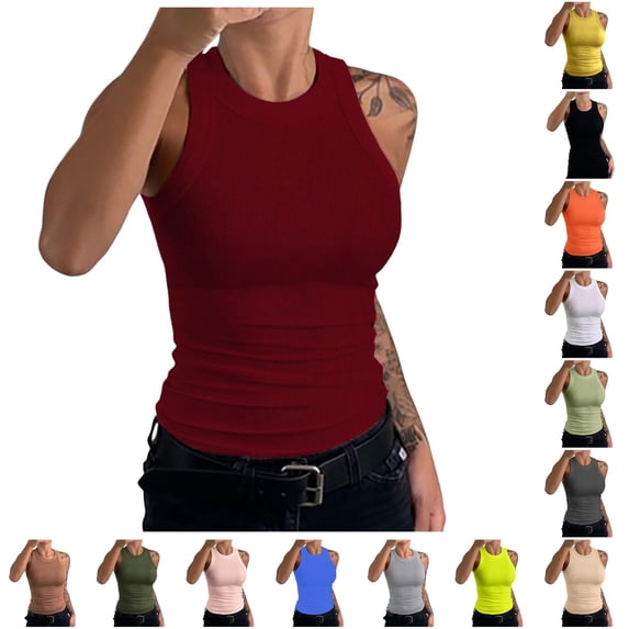 Uobin Sleeveless Tank Tops for Women High Neck Racerback Ribbed Knit Top Summer 2026 Casual Basic Slim Fit Workout Shirts