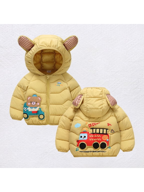 Toddler Bear Ear Hooded Puffer Jacket with Bear Badge, Cute Winter Coat with Pockets for Kids