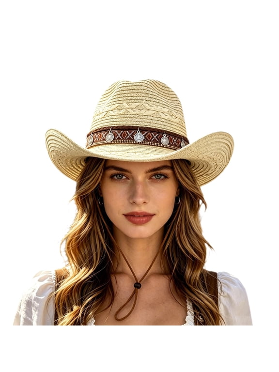 Western Cowboy Hat for Men Women Cowgirl Straw Hats Wide Brim Panama Roll Up Sun Protection Foldable Beach Hat for Outdoor Travel