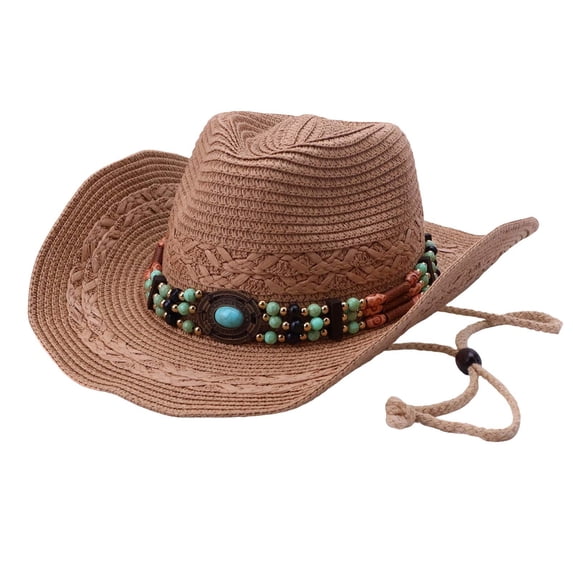 Uobin Western Cowboy Hats Ethnic Style Straw Jazz Hats With Sapphire Decor Travel Country Hat Women Sunscreen Beach Cap