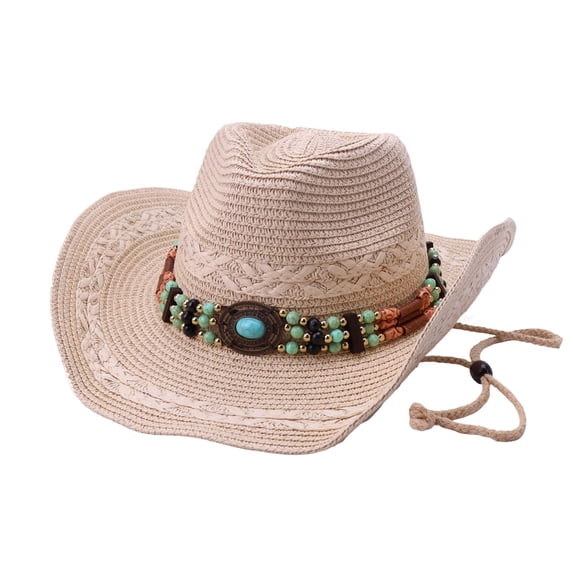 Uobin Western Cowboy Hats Ethnic Style Straw Jazz Hats With Sapphire Decor Travel Country Hat Women Sunscreen Beach Cap
